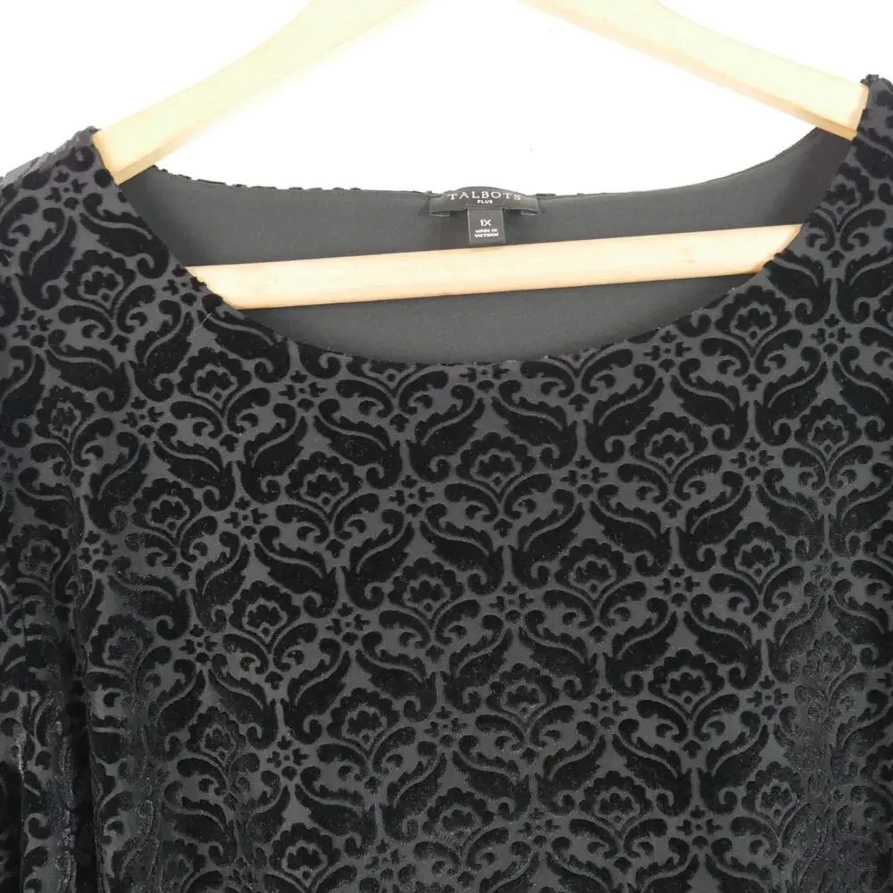 Talbots Plus 1X Top Black Velvet Popover Velour Blouse Tie Sleeve Boho Goth - Picture 3 of 7